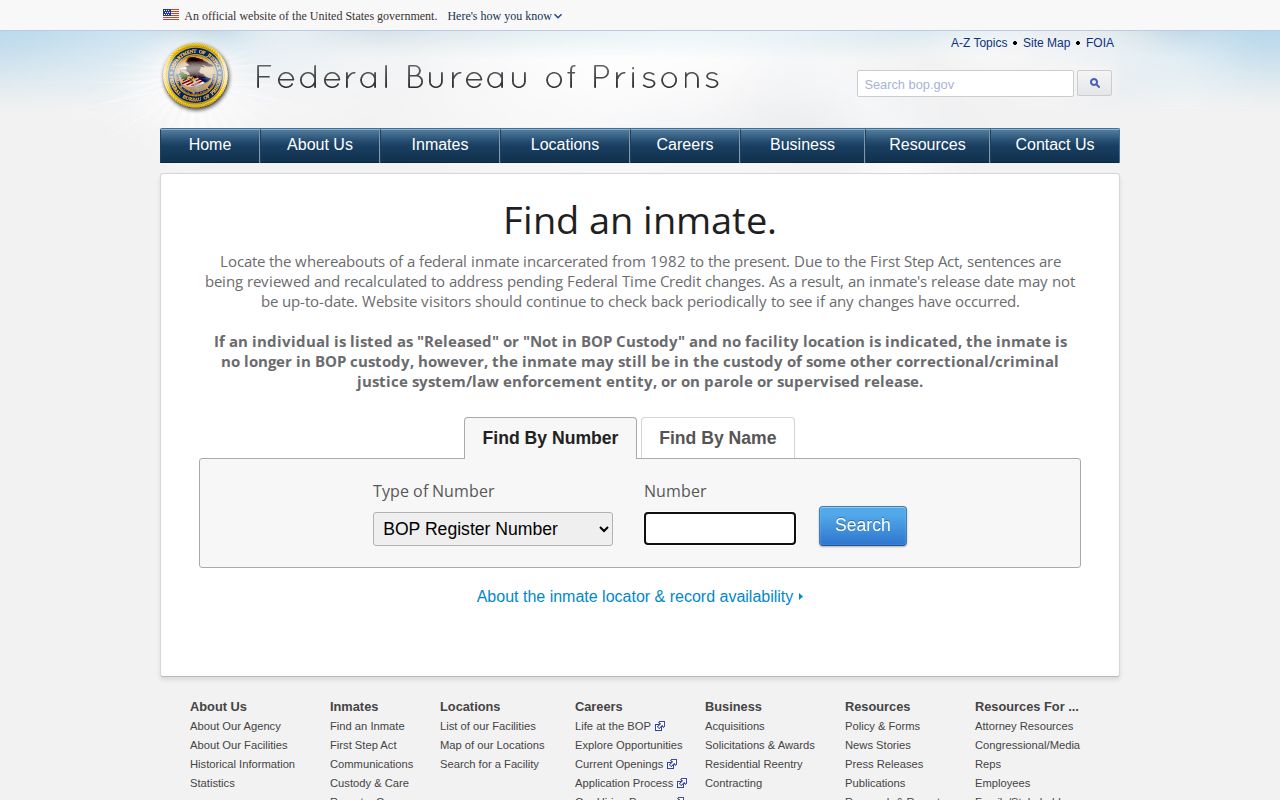 Federal BOP release locator for a Forrest County custody transfer